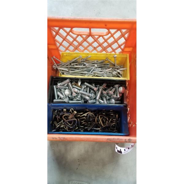 CRATE OF LARGE BOLTS AND CLIPS