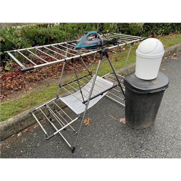 TWO GARBAGE CANS, DRYING RACK AND WORKING IRON