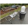 Image 1 : TWO GARBAGE CANS, DRYING RACK AND WORKING IRON
