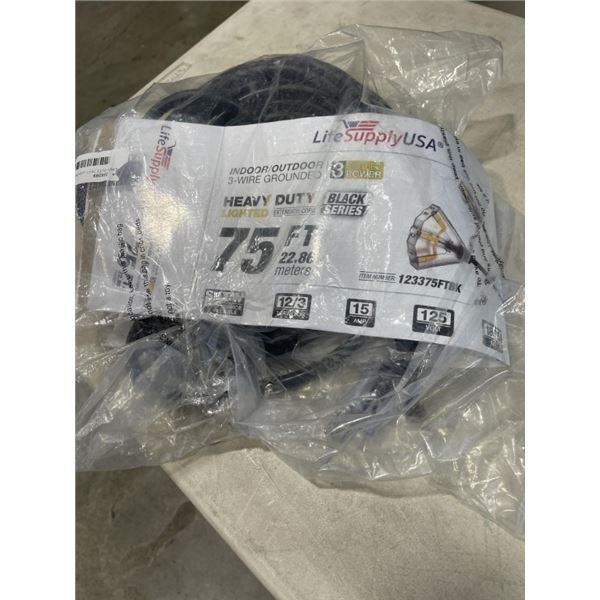 HEAVY DUTY 75 FT LIGHTED INDOOR / OUTDOOR 3-WIRE GROUNDED BLACK 3 OUTLET EXTENSION CORD. 12AWG/3C