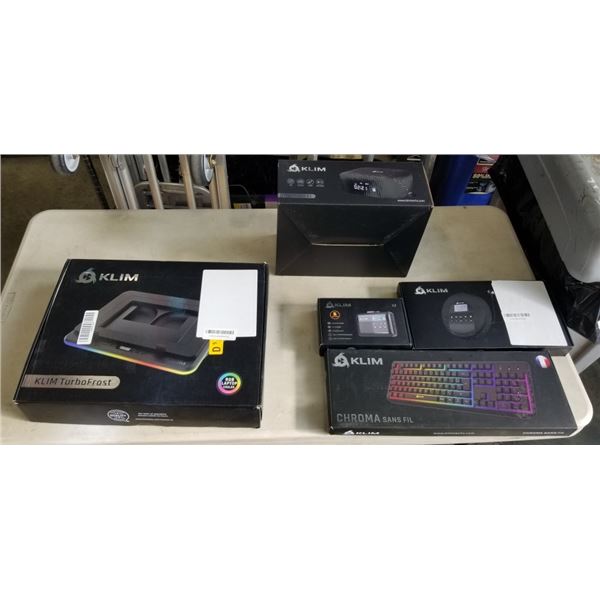 KLIM ITEMS INCLUDING TURBOFROST LAPTOP COOLER, BOOMBOX, CHROMA KEYBOARD SANS FIL, PORTABLE CD PLAYER