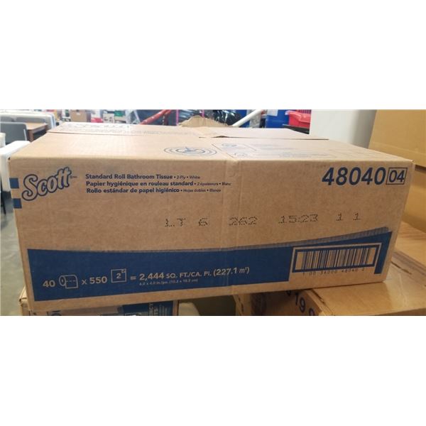 NEW CASE OF SCOTT STANDARD ROLL BATHROOM TISSUE, 2 PLY WHITE, 40 ROLLS OF 550 SHEETS