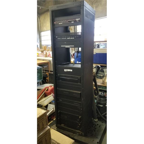 LARGE SERVER RACK INCLDUING AUDIO COMPONENTS SUCH AS SAMSON SPEAKER DISTRIBUTION SYSTEM, ALLEN AND H