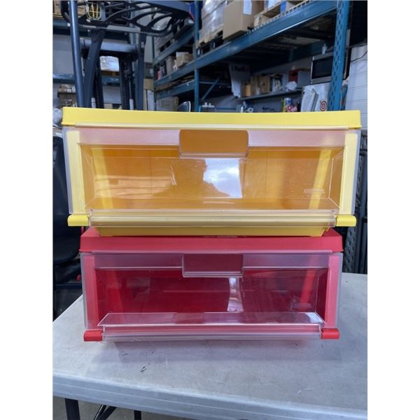 2 RUBBERMAID STACKING ORGANIZER BINS, FRONT ENTRY