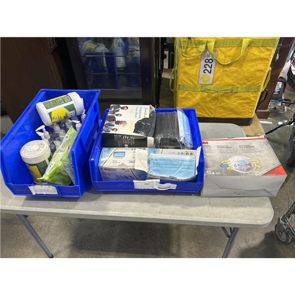 2 ULINE PARTS BINS WITH CLEANING SUPPLY, DISINFECTANTS AND FACE MASKS