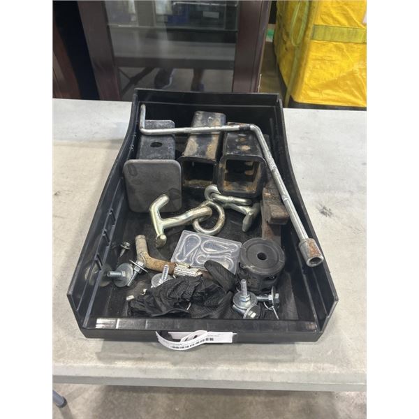 BLACK ULINE PARTS BIN WITH ASSORTED TRAILER ACCESSORIES AND HARDWARE, REDUCERS ETC