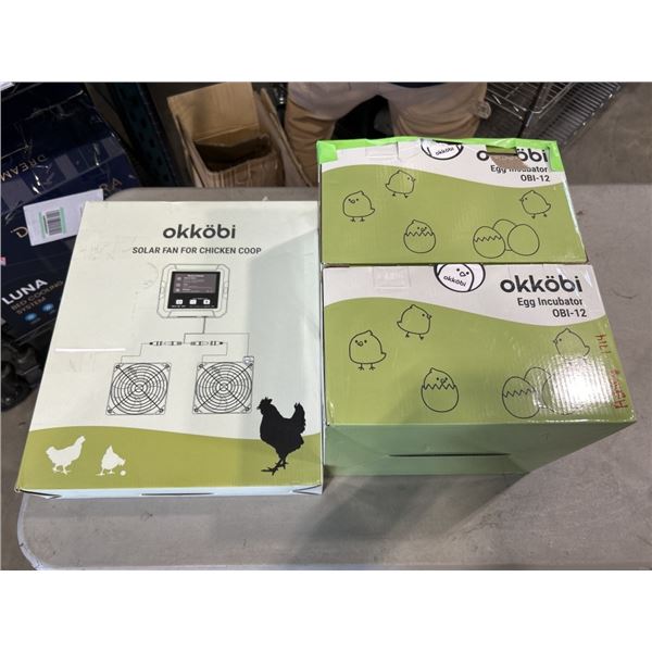 2 OKKOBI OBI 12 EGG INCUBATORS MODEL, AND OKKOBI SOLAR FAN FOR CHICKEN COOP