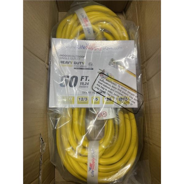 HEAVY DUTY 50 FOOT LIGHTED INDOOR / OUTDOOR 3-WIRE GROUNDED YELLOW EXTENSION CORD. 12AWG/3C