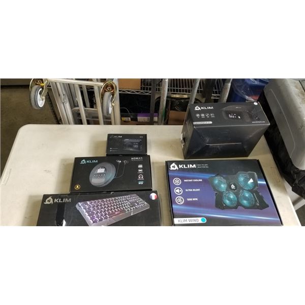 KLIM ITEMS INCLUDING WIND LAPTOP COOLER, BOOMBOX, CHROMA KEYBOARD SANS FIL, PORTABLE CD PLAYER, AND 