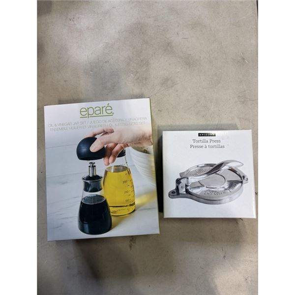 BRAND NEW EPARE OIL AND VINEGAR GLASS JAR SETS AND TORTILLA PRESS