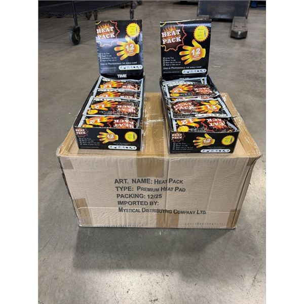 NEW CASE OF INDIVIDUALLY PACKAGED HAND WARMER HEAT PACKS, 12 RETAIL DISPLAY BOXES OF 25 2PACKS PER B