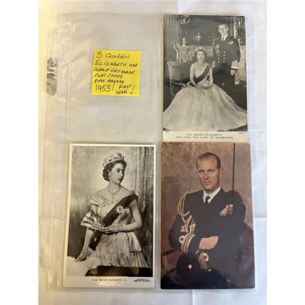 3 QUEEN ELIZABETH AND DUKE OF EIDENBURGH POST CARDS, POST MARKED 1953