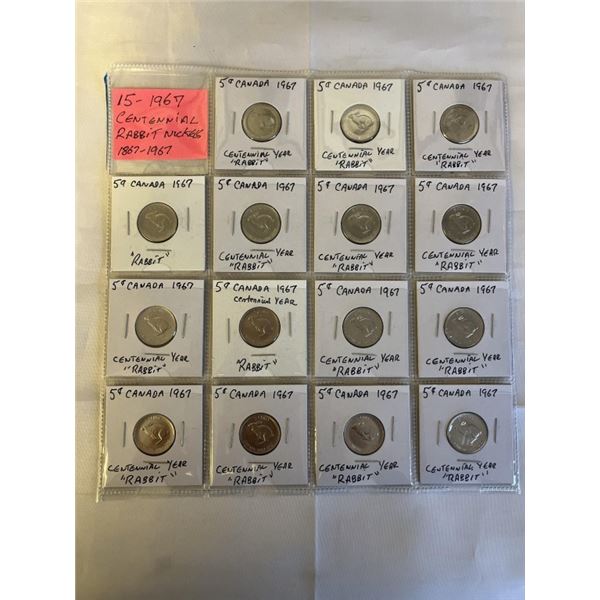 15 - 1967 CANADIAN CENTENNIAL RABBIT NICKELS