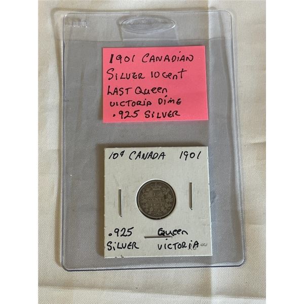 1901 CANADIAN SILVER 10 CENT, LAST QUEEN VICTORIA .925 SILVER