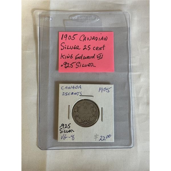 1905 CANADIAN SILVER 25 CENT, KING EDWARD VII .925 SILVER