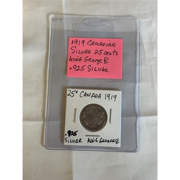 1919 CANADIAN SILVER 25 CENT, KING GEORGE V .925 SILVER