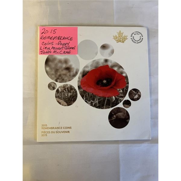 2015 REMEMBRANCE DAY COINS, POPPY, LUITENANT COLONEL JOHN MCRAE