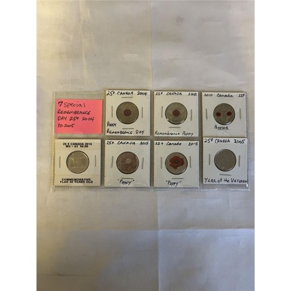 7 SPECIAL REMEBRANCE DAY 25 CENT COINS, 2004-2015