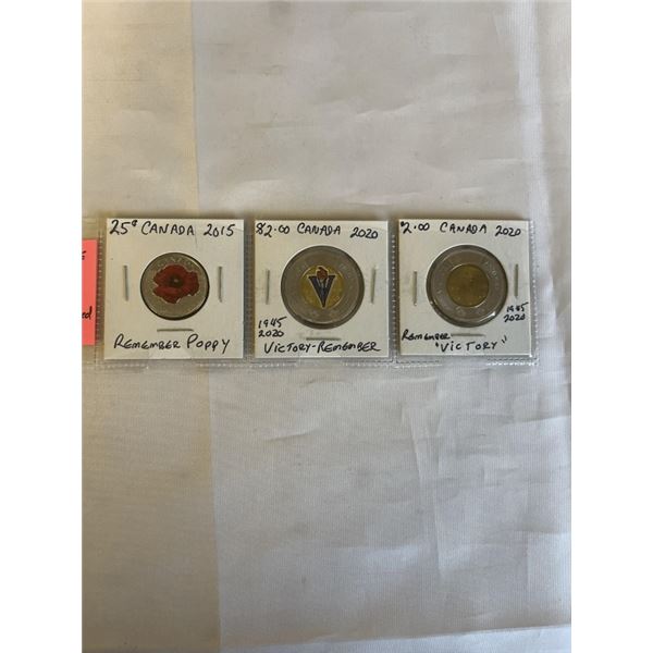 3 REMEMBRANCE DAY COINS 2015, 2020, 2020