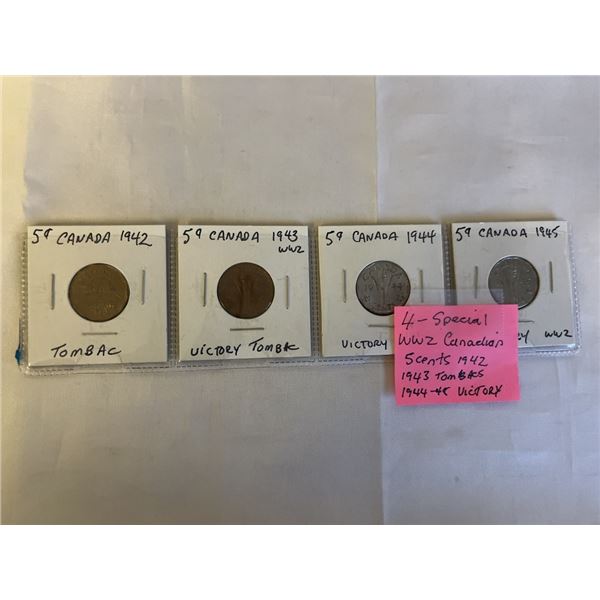 4 SPECIAL WWII CANADIAN 5 CENTS, 1942, 1943, 1944, 1945