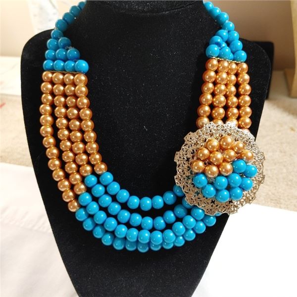 TURQUOISE COLOUR BEADS AND PINK PEARLS CHOKER NECKLACE