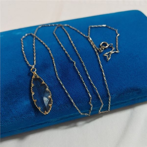 WHITE GOLD FILLED CHAIN W/ BEVELLED GLASS STONE PENDANT NECKLACE, MARKED GF