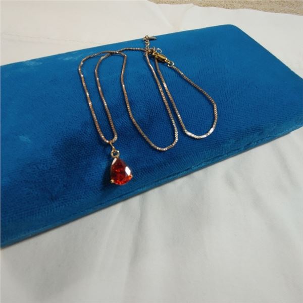 GOLD PLATED 925 STERLING SILVER CHAIN W/ GARNET STONE PENDANT NECKLACE