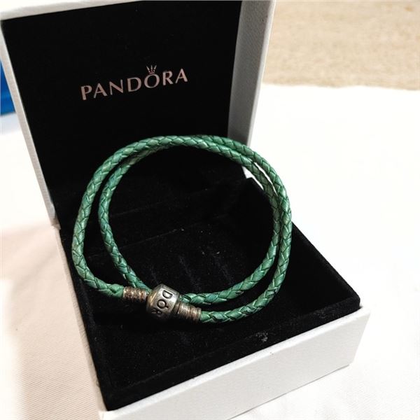 PANDORA SILVER W/ BRAIDED LEATHER BRACELET IN BOX