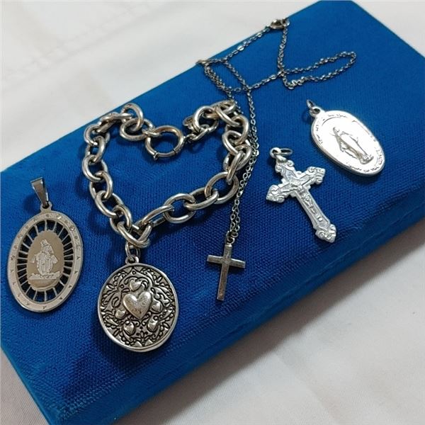 STERLING SILVER CROSS PENDANT W/ CHAIN NECKLACE, CHARM BRACELET AND 3 PENDANTS