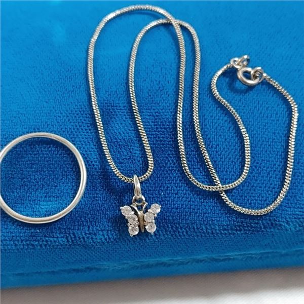 STERLING SILVER CHAIN W/ BUTTERFLY PENDANT NECKLACE AND RING BAND MARKED TASHI