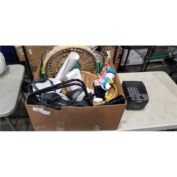 BOX OF HOUSEHOLD ITEMS INCLUDING 3 DISNEY PLUSHIES, CUISINART FRYING PAN, LANCASTER ELECTRIC HEATER,