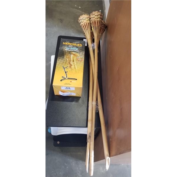 NEW HERCULES SAXOPHONE STAND AND 4 BAMBOO CITRONELLA CANDLE STAKES