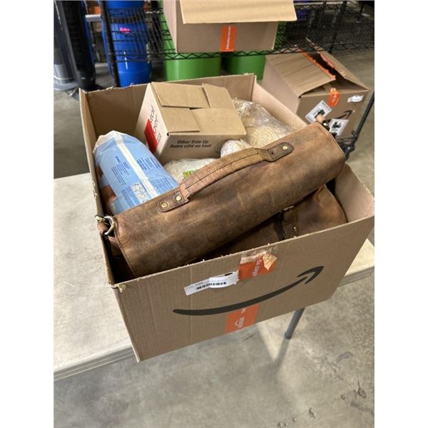 BOX OF HOUSEHOLD ITEMS INCLUDING LAPTOP BAG, BOX OF CRYSTAL LIGHT DRINK MIX, HEAT GUN, CORN FLOWER E