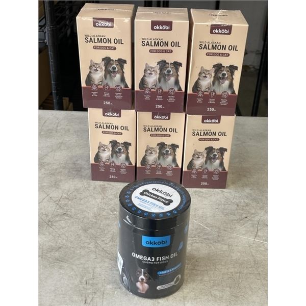 6 NEW OKKOBI WILD ALASKAN SALMON OIL, 250 ML EACH, AND OKKOBI OMEGA3 FISH OIL CHEWS FOR DOGS