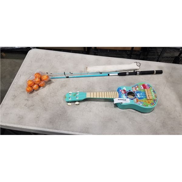 KIDS SWAN FISHING ROD, J'ADORE KIDS UKULELE, SUZUKI SPORANO RECORDER AND BAG OF LITTLE BASKETBALLS
