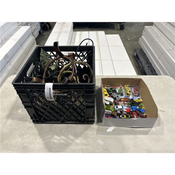 ASSORTED COLLECTOR TOY CARS AND CRATE OF METAL HOME DECOR