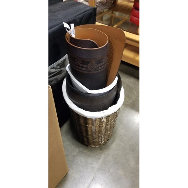 WICKER HAMPER, METAL TRASH BIN AND ANTI FATIGUE FLOOR MATTS