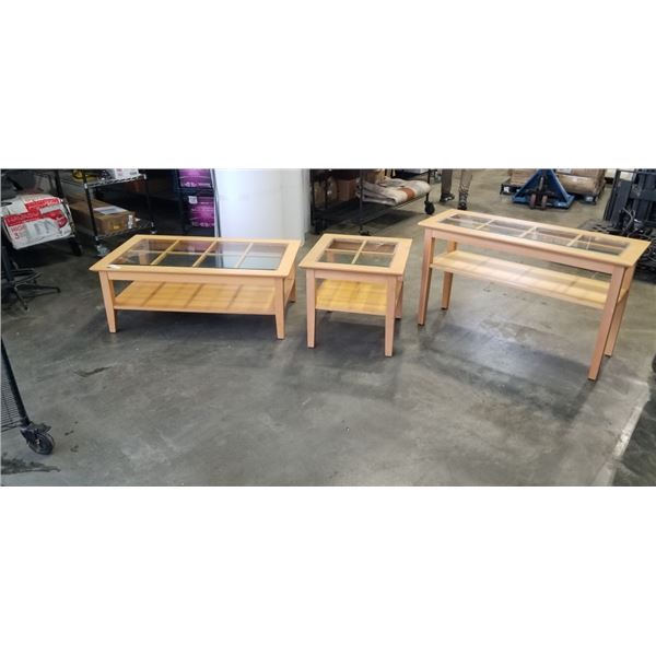 3PC GLASS TOP MAPLE COFFEE, ENDTABLE AND SOFA TABLE SET