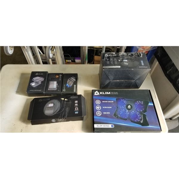 KLIM ITEMS INCLUDING WIND LAPTOP COOLER, CD-CASETTE PLAYER, PORTABLE CD PLAYER, PORTABLE CASETTE PLA