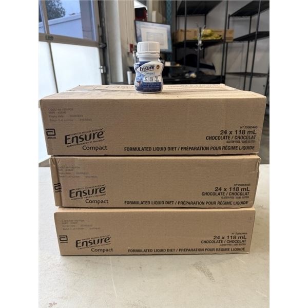3 NEW SEALED CASES ENSURE COMPACT SUPPLEMENT DRINKS, 24 BOTTLES PER CASE, 72 BOTTLES TOTAL - CHOCOLA