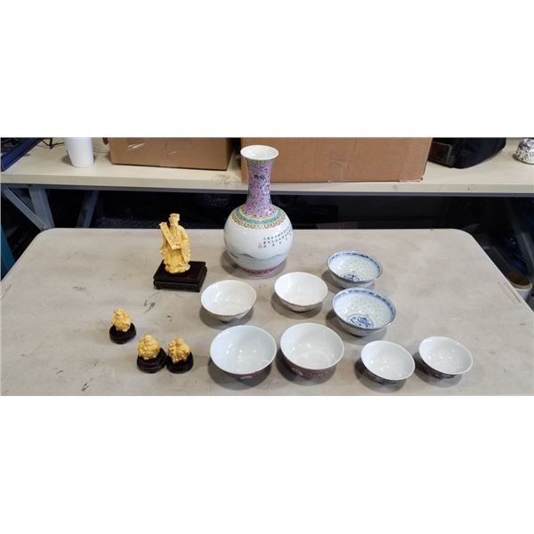 4 PC EASTERN FIGURES AND ASSORTED SERVING BOWLS, AND VASE