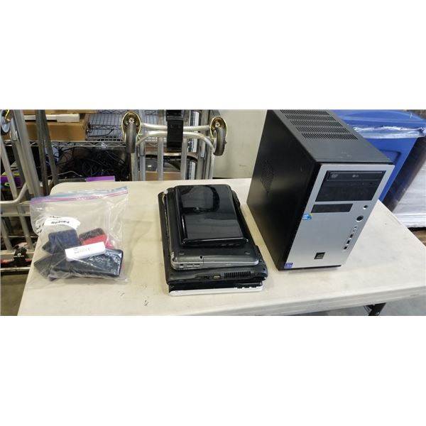 4 LAPTOPS, PC AND BAG OF PHONES. FOR PARTS
