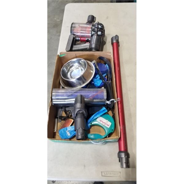 DYSON V6 FOR PARTS, AND TRAY OF DOG RELATED ITEMS, LEASHES ETC