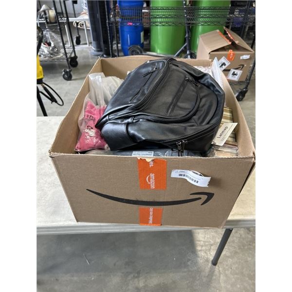 BOX OF HOUSEHOLD INCLUDING 5 NEW LAPTOP BACKPACKS, BASEBALL/HOCKEY CARDS, 17 PACKS NEW YOGA SOCKS ET