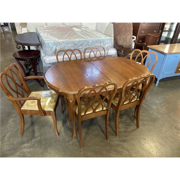 FRUITWOOD WALNUT DINING TABLE WITH 6 CHAIRS, ONE IS CAPTAINS CHAIR