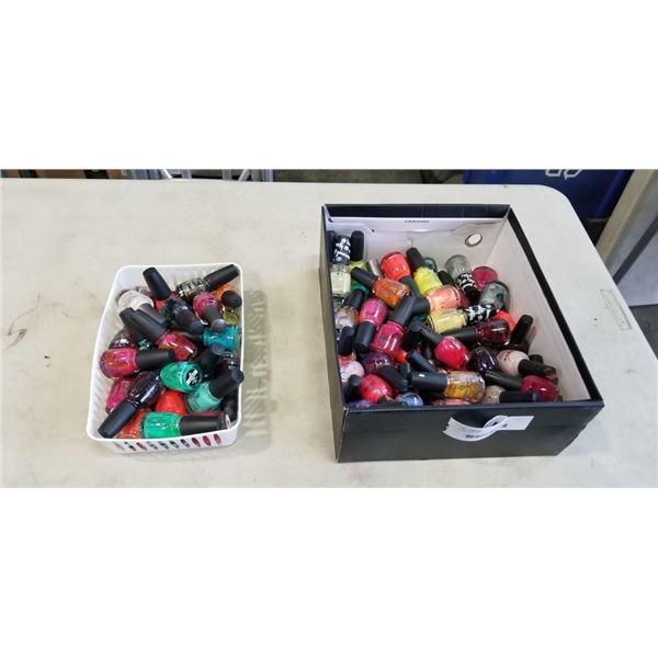 2 TRAYS FULL OF BRAND NAME NAIL POLISH, IMCLDUINMG OPI, CHINA GLAZE, MORGAN TAYLOR, AND MORE