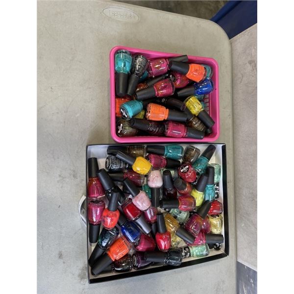 2 TRAYS FULL OF BRAND NAME NAIL POLISH, IMCLDUINMG OPI, CHINA GLAZE, MORGAN TAYLOR, AND MORE