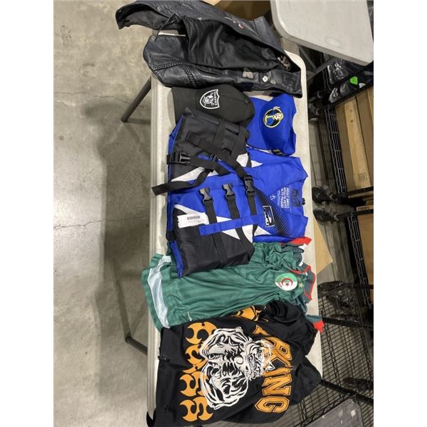 ADULT SMALL LIFE JACKET, LEATHER JACKET, RAIDERS & FALLOUT HATS, ALGERIA SOCCER JERSEY AND BLACK LUR
