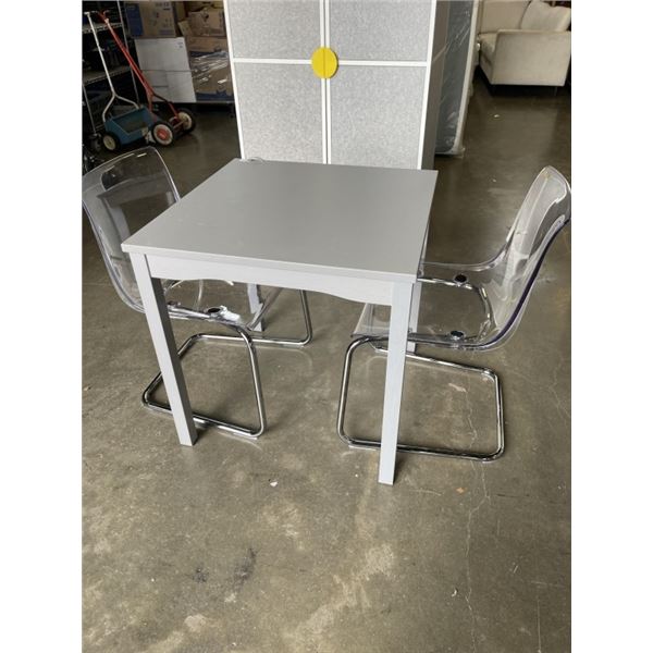 GREY DINETTE TABLE AND 2 GHOST SIDE CHAIRS