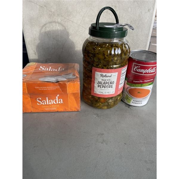 NEW CAN 1.36L TOMATO SOUP, 3.78L SLICED JALEPENOS, AND CASE ORANGE PEKO TEA BAGS